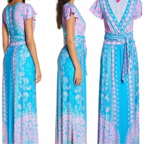 NWT XS Esmarella Lilly Pulitzer turquoise water ya waiting for pink maxi dress - Picture 2 of 4